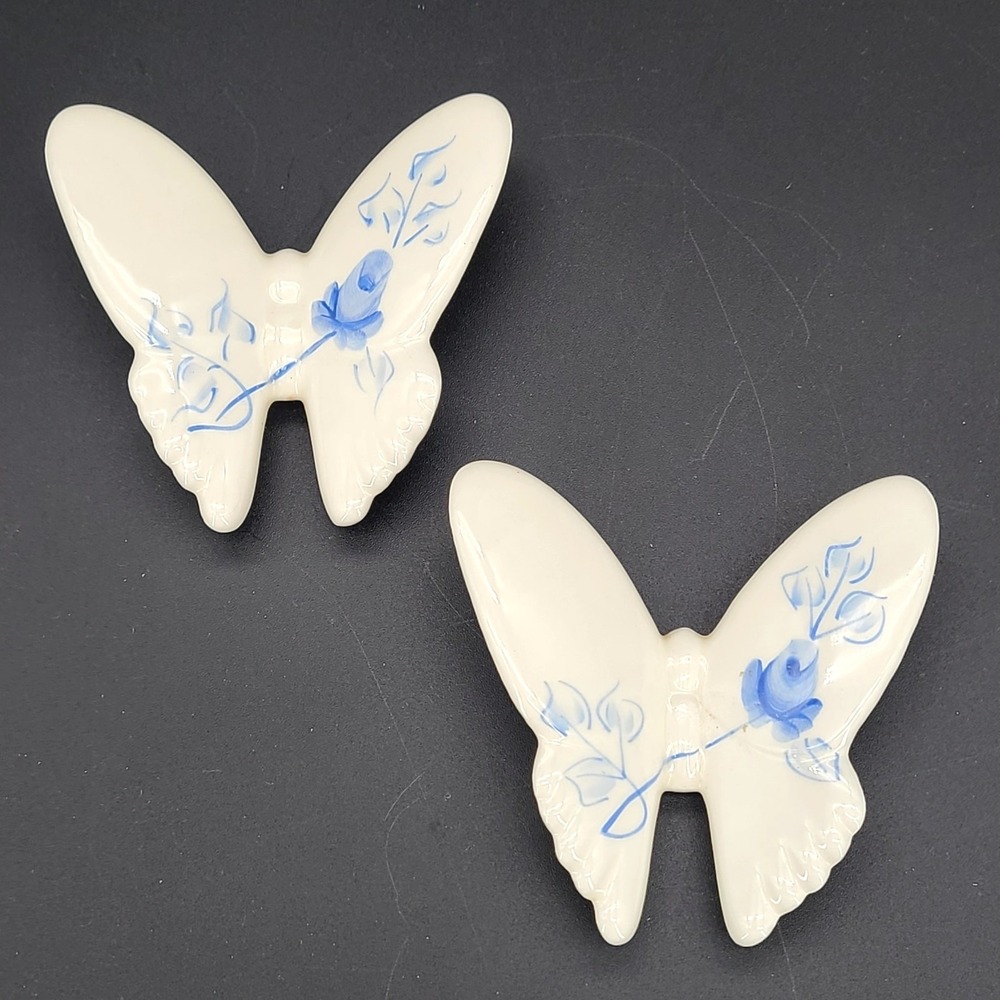 2 VTG Lasting Products Ceramic Butterfly Wall Decor Blue Rose Hand Painted USA